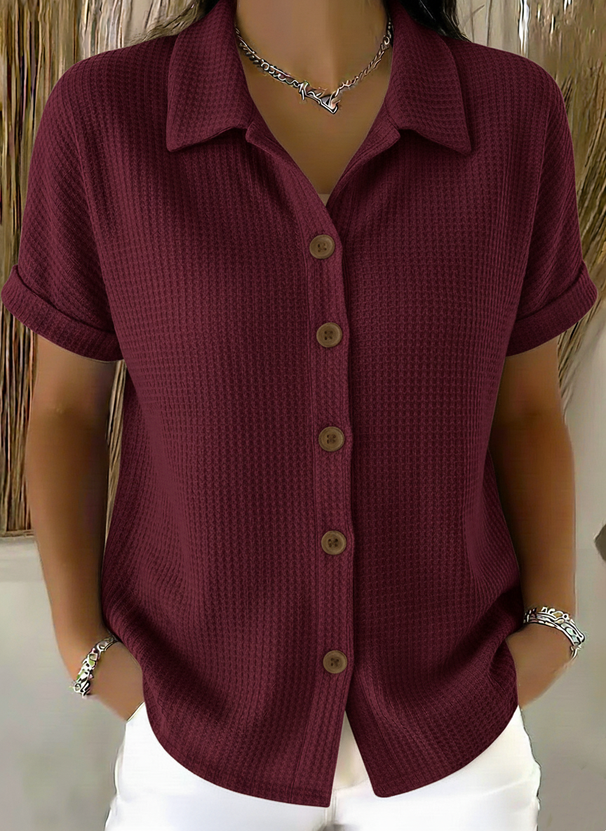 Casual Polo-collar Button-up Waffle Shirt