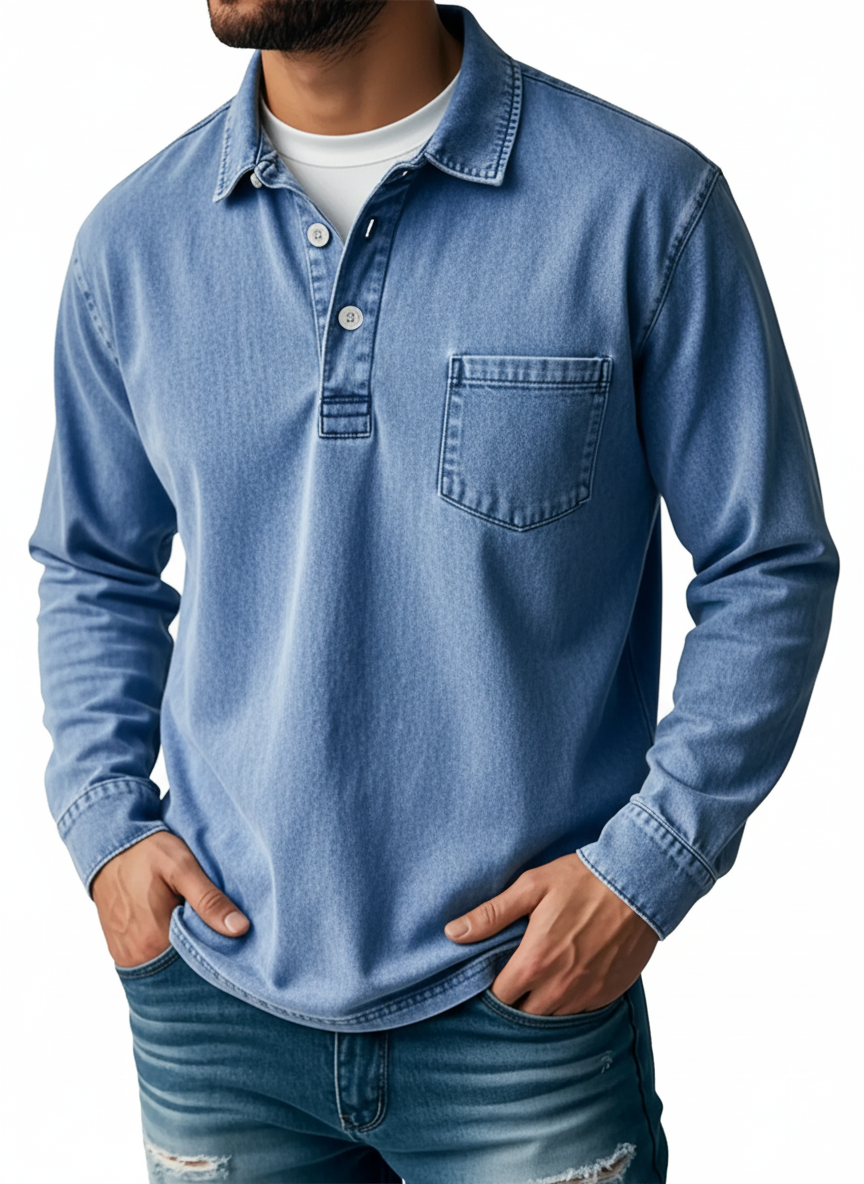 Men's Retro Lapel Button Pocket Casual Long Sleeve POLO Shirt