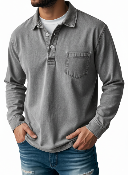 Men's Retro Lapel Button Pocket Casual Long Sleeve POLO Shirt
