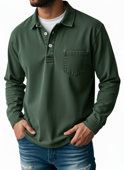 Men's Retro Lapel Button Pocket Casual Long Sleeve POLO Shirt