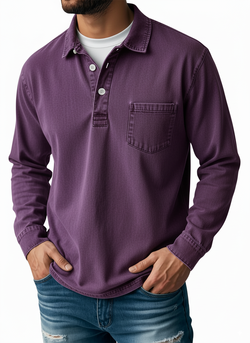 Men's Retro Lapel Button Pocket Casual Long Sleeve POLO Shirt