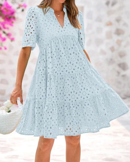HOT SALE Women's V Neck Short Sleeve Hollow Out Lace Ruffle Summer Dresses