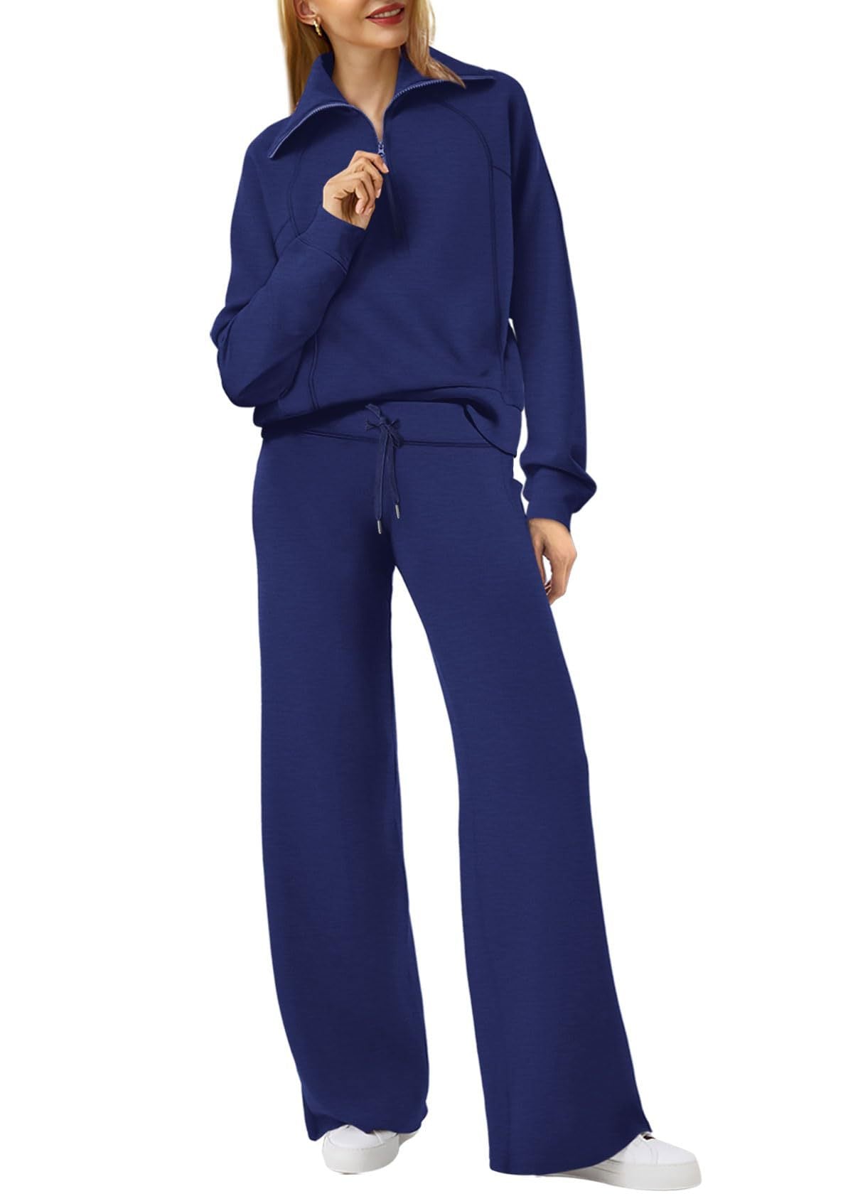 Women's Cotton Two-Piece Oversized Half-Zip Sweatshirt Wide Leg Sweatpants Casual Suit