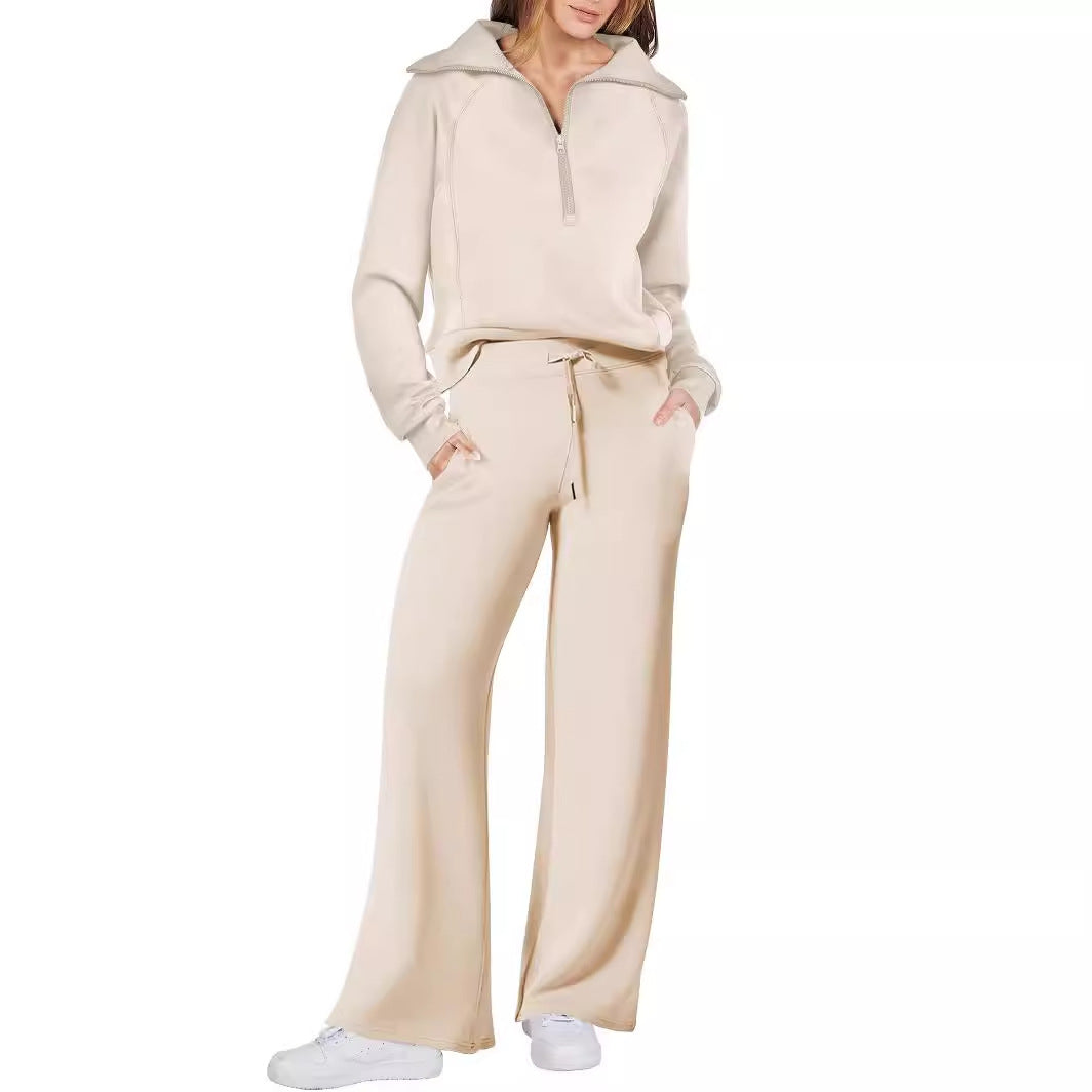 Women's Cotton Two-Piece Oversized Half-Zip Sweatshirt Wide Leg Sweatpants Casual Suit