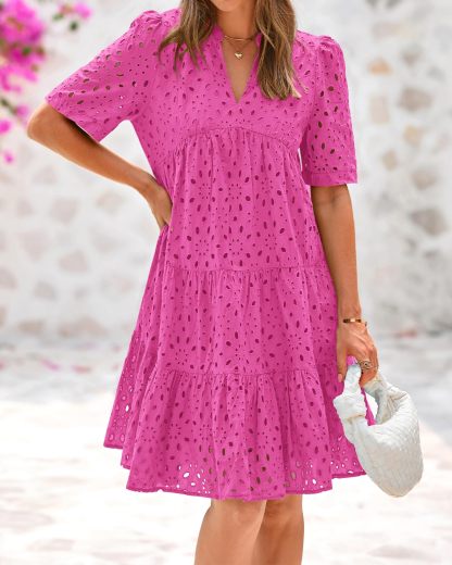 HOT SALE Women's V Neck Short Sleeve Hollow Out Lace Ruffle Summer Dresses