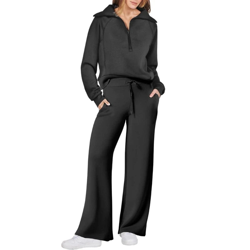Women's Cotton Two-Piece Oversized Half-Zip Sweatshirt Wide Leg Sweatpants Casual Suit