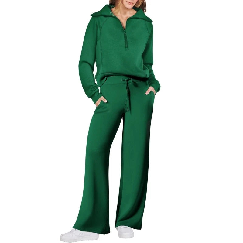 Women's Cotton Two-Piece Oversized Half-Zip Sweatshirt Wide Leg Sweatpants Casual Suit
