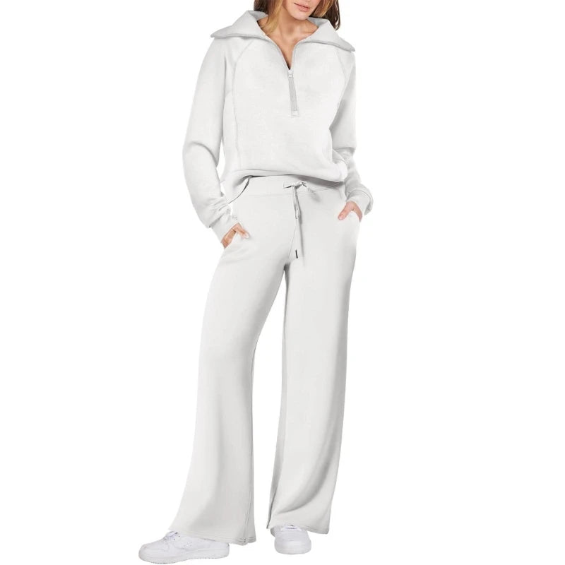 Women's Cotton Two-Piece Oversized Half-Zip Sweatshirt Wide Leg Sweatpants Casual Suit