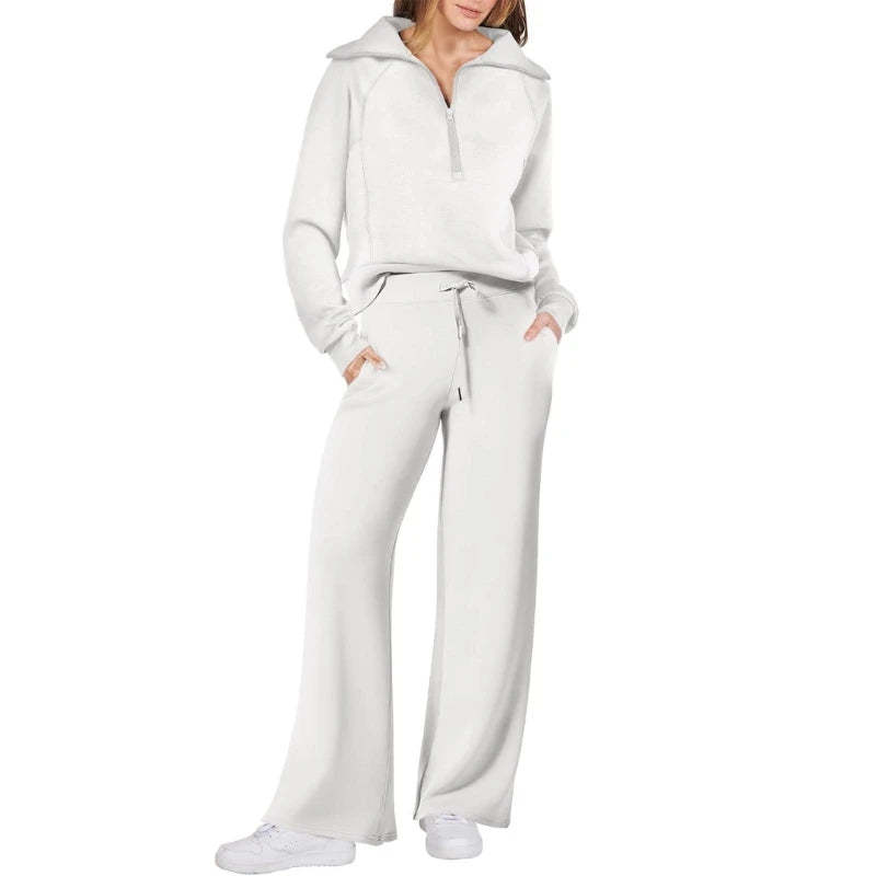 Women's Cotton Two-Piece Oversized Half-Zip Sweatshirt Wide Leg Sweatpants Casual Suit