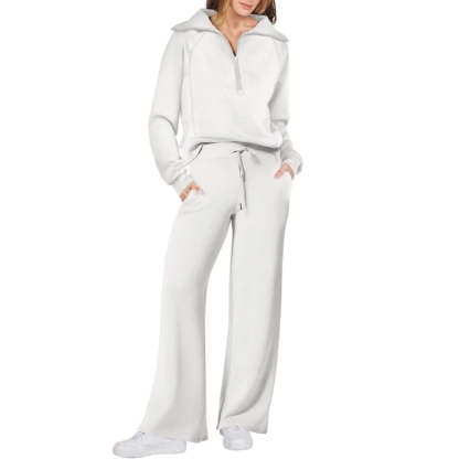 Women's Cotton Two-Piece Oversized Half-Zip Sweatshirt Wide Leg Sweatpants Casual Suit