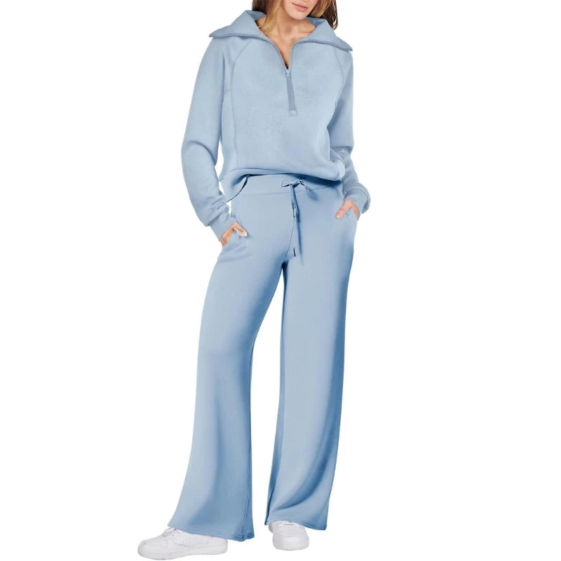 Women's Cotton Two-Piece Oversized Half-Zip Sweatshirt Wide Leg Sweatpants Casual Suit