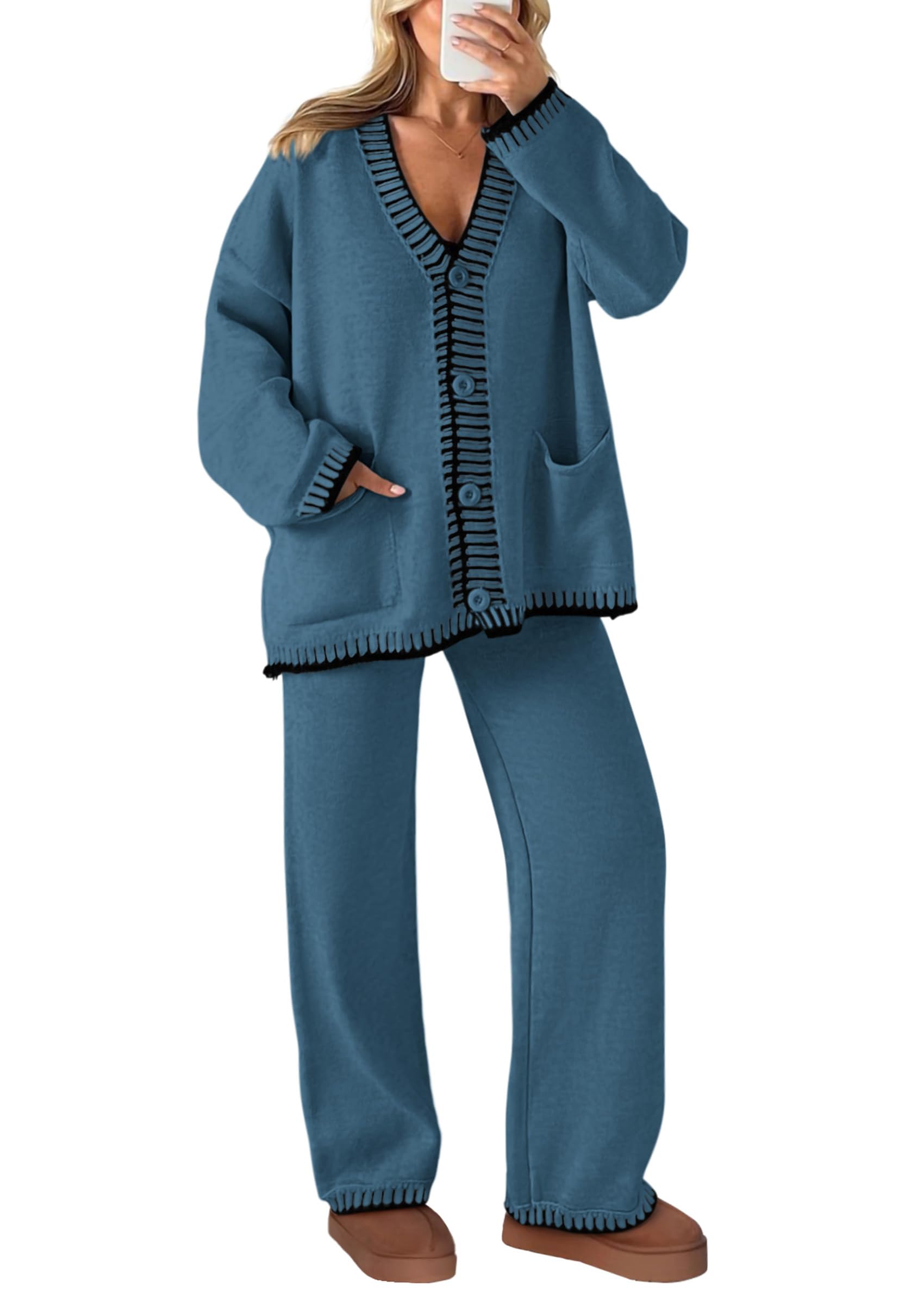 NEW🔥 2024 Women's Cotton Two-Piece Knit Leisure Suit Long Sleeved V Neck Cardigan Sweater Wide Legged Pants Sportswear