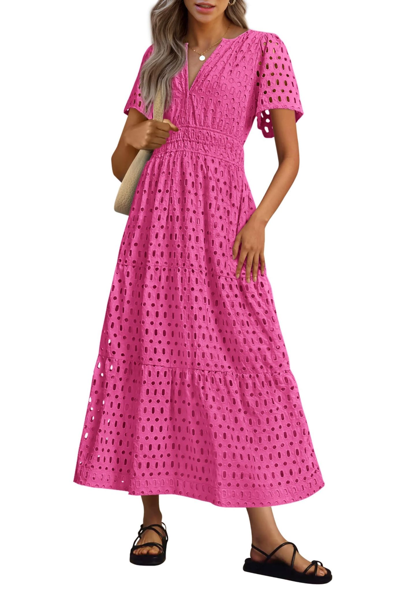 Womens 2025 Summer Maxi Dress Short Sleeve V Neck Hollow Out Eyelet A Line Long Flowy Beach Vacation Dresses