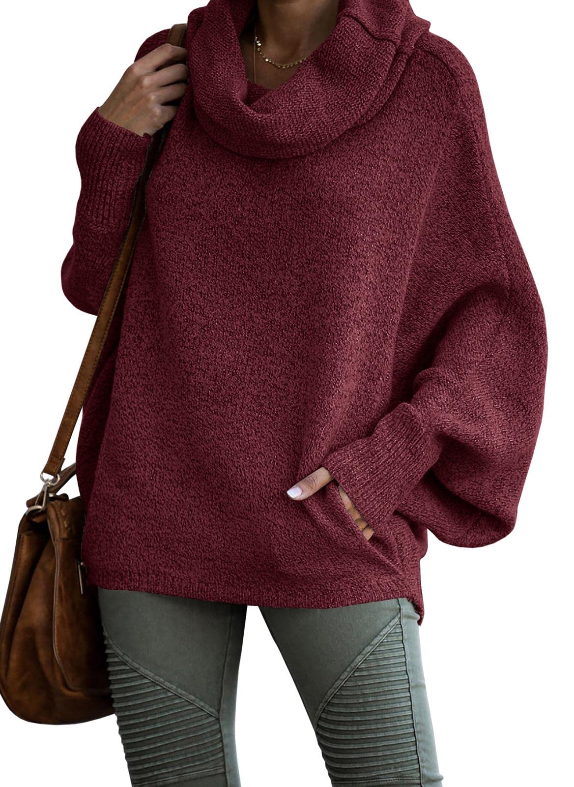 Women's Cowl Neck Batwing Sleeve Pullover Sweater with Pockets