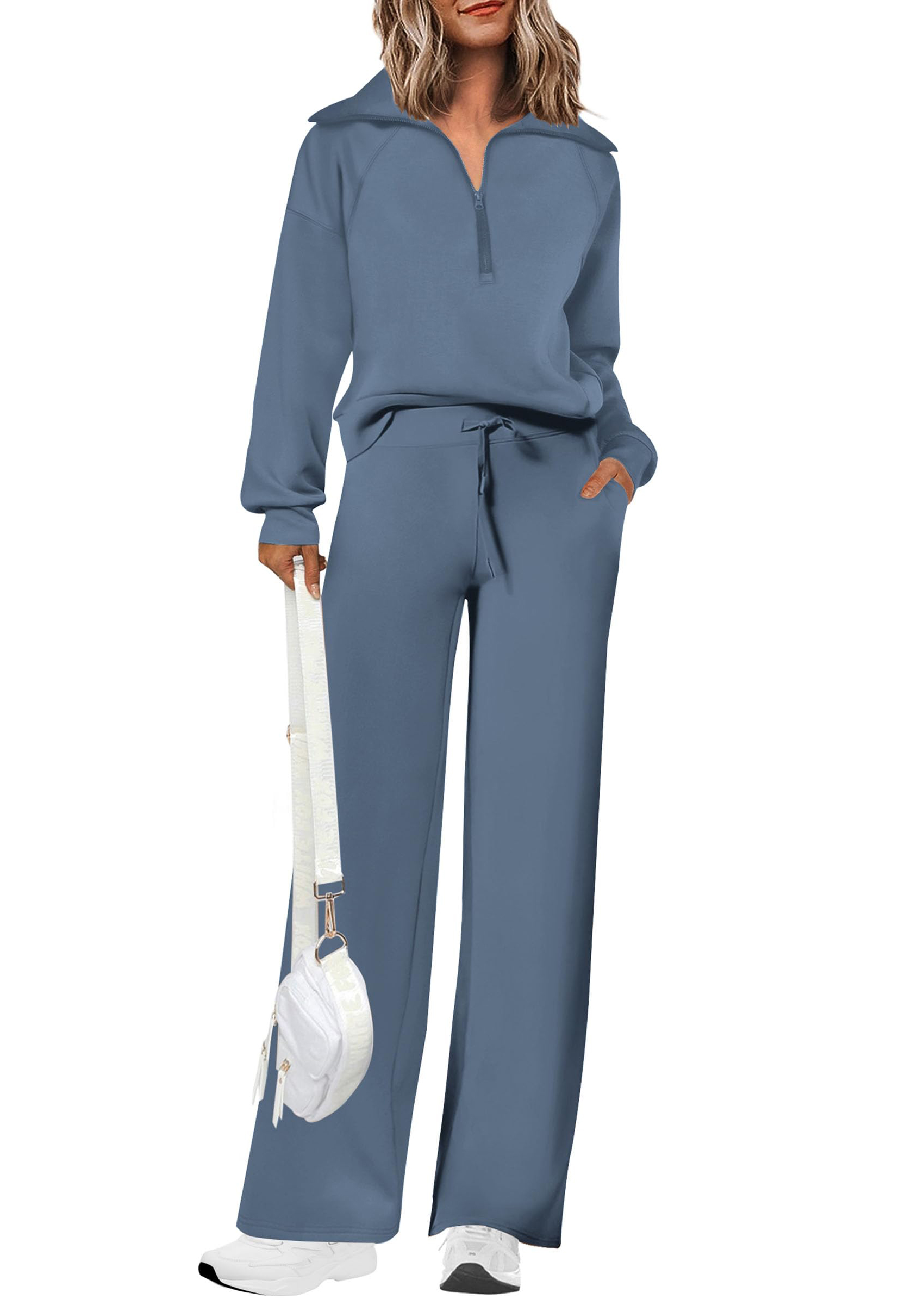 Women's Cotton Two-Piece Outfits Lapel Half-Zip Sweatshirt Wide Leg Sweatpants Casual Suit