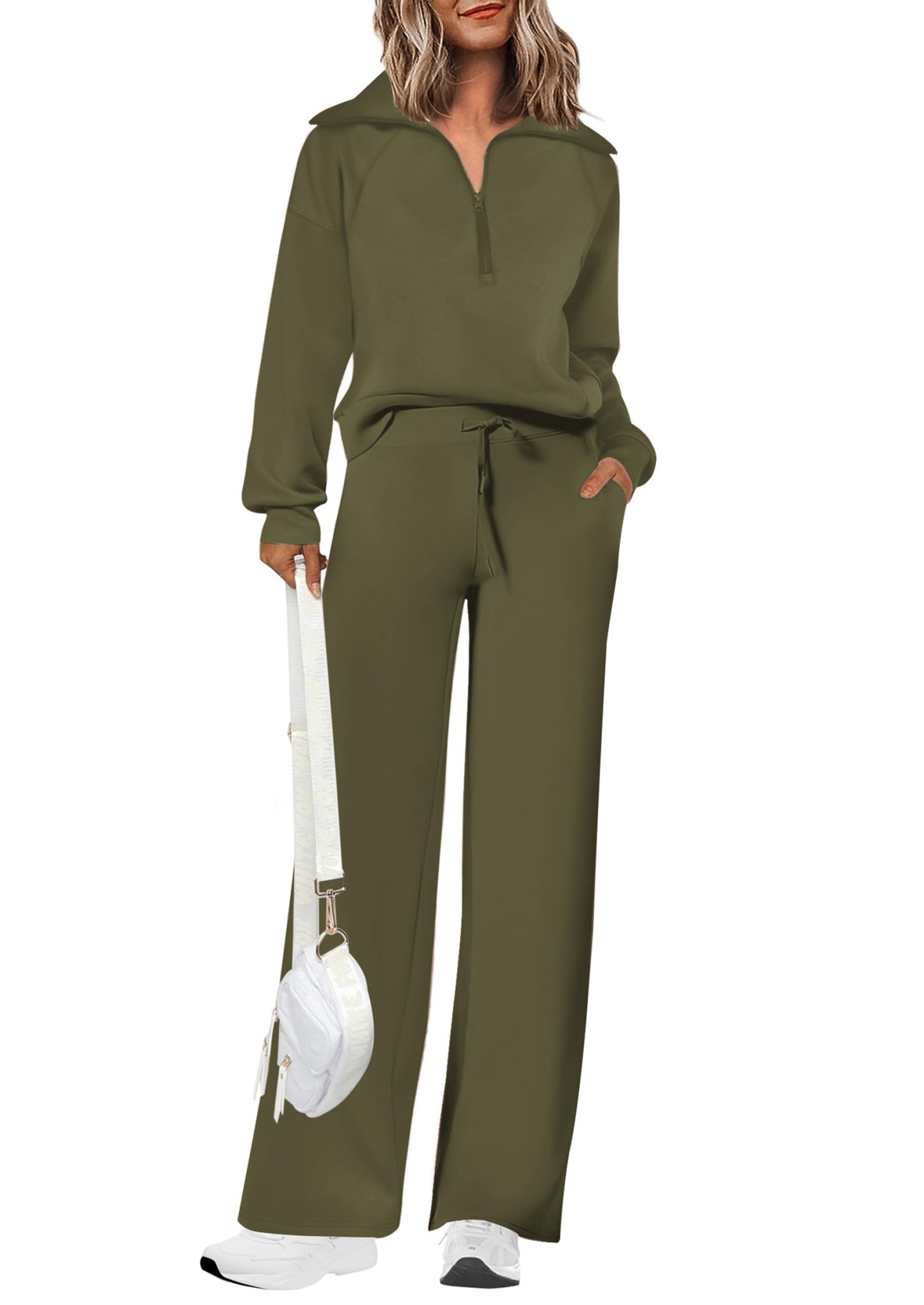 Women's Cotton Two-Piece Outfits Lapel Half-Zip Sweatshirt Wide Leg Sweatpants Casual Suit