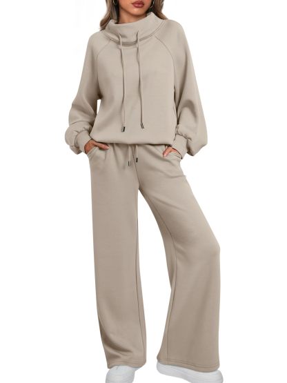 NEW 🔥 Women's Two-Piece Oversized Round NeckDrawstring Sweatshirt Wide Leg Sweatpants Casual Set