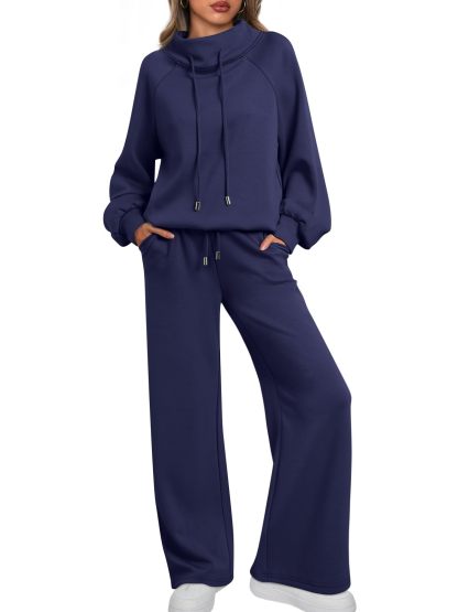NEW 🔥 Women's Two-Piece Oversized Round NeckDrawstring Sweatshirt Wide Leg Sweatpants Casual Set