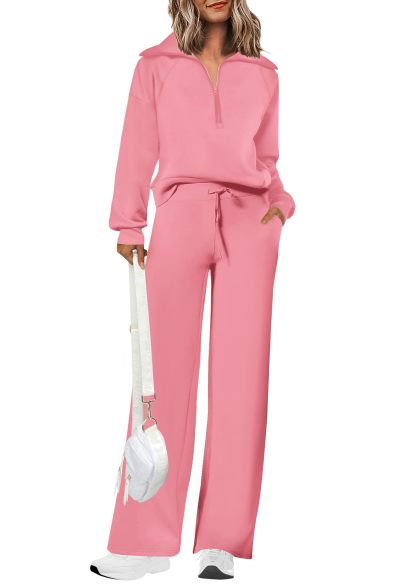 Women's Cotton Two-Piece Outfits Lapel Half-Zip Sweatshirt Wide Leg Sweatpants Casual Suit
