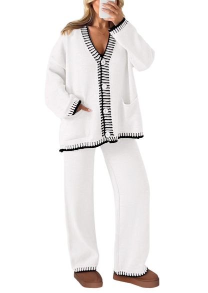 NEW🔥 2024 Women's Cotton Two-Piece Knit Leisure Suit Long Sleeved V Neck Cardigan Sweater Wide Legged Pants Sportswear