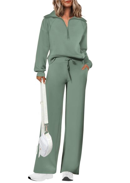 Women's Cotton Two-Piece Outfits Lapel Half-Zip Sweatshirt Wide Leg Sweatpants Casual Suit