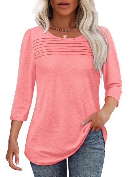 2025 New Women's 3/4 Length Sleeve Top Pleated Front T-Shirt