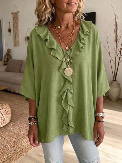Women's Solid-color Ruffled V-neck 3/4-sleeve Casual Loose Cotton-linen Top