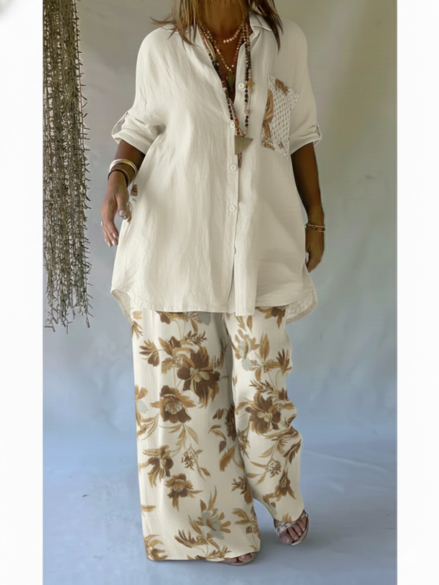 Casual Floral Print Linen And Cotton Shirt And Trousers Two-piece Set