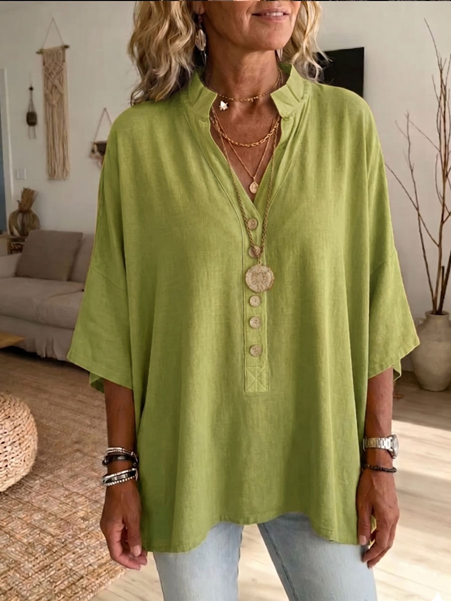 Women's Solid-color V-neck Short-sleeve Casual Loose Cotton-linen Top