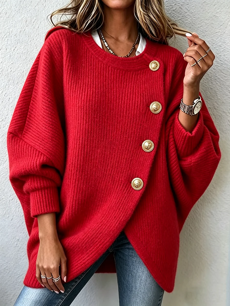 Women's Oversized Asymmetric Button Knit Sweater
