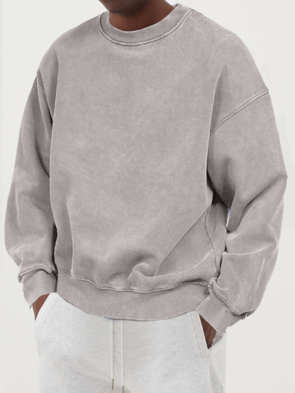 Men's Distressed Washed Cotton Round Neck Long-sleeved Sweatshirt
