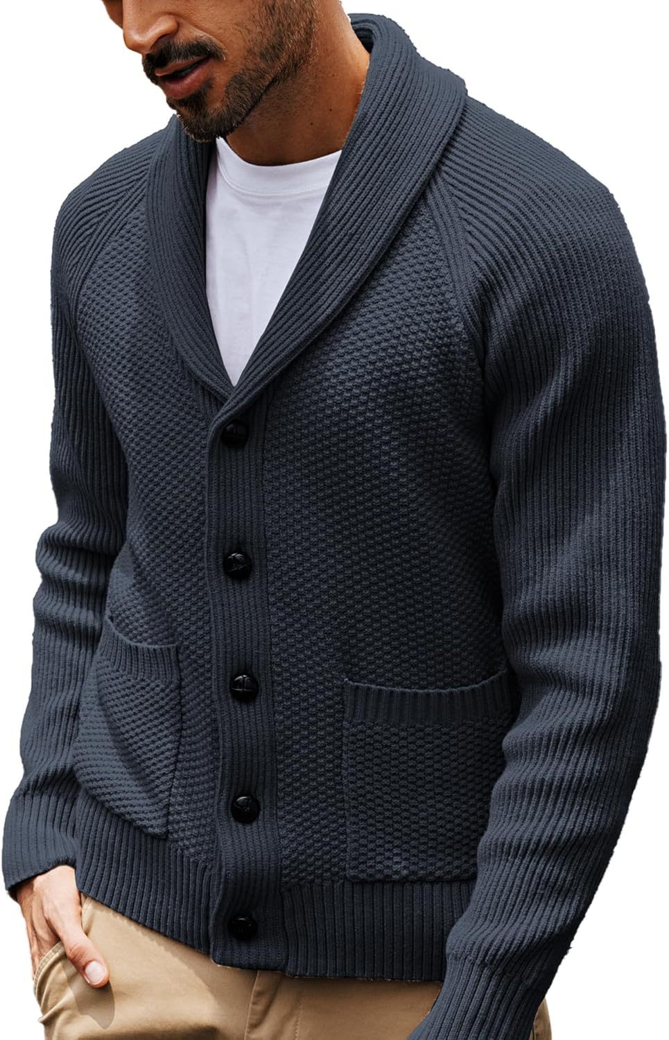 Men's Shawl Collar Button-Down Cardigan Knitted Textured Sweater