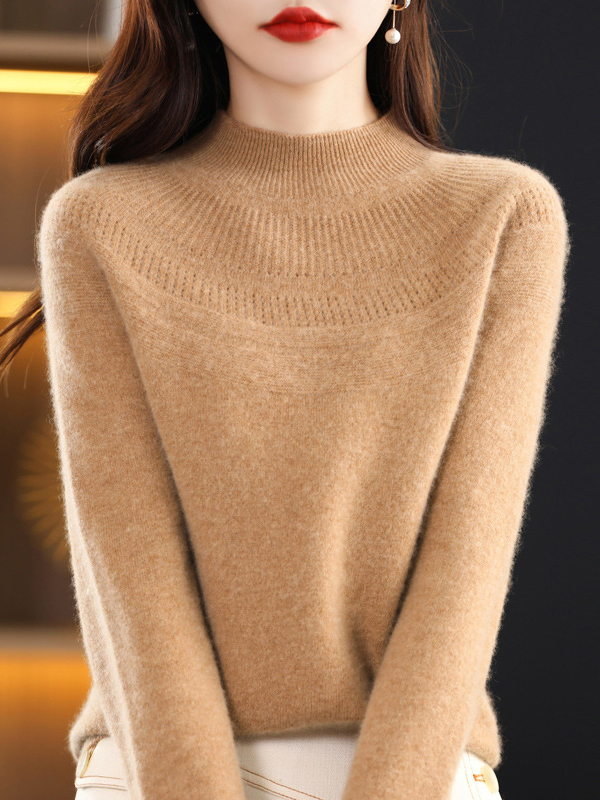 Office Raglan Sleeve Hollow Solid Color High-Neck Sweater Tops