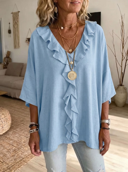 Women's Solid-color Ruffled V-neck 3/4-sleeve Casual Loose Cotton-linen Top