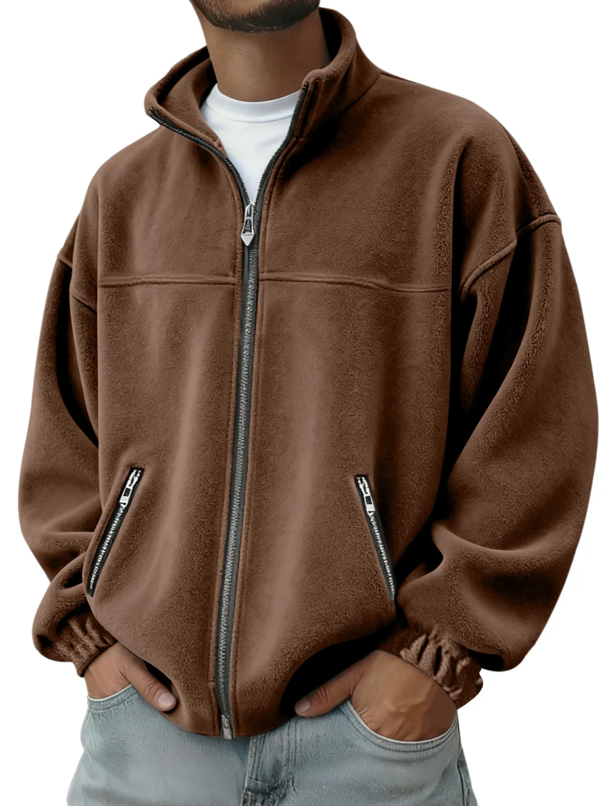 Men's Oversized Stand Collar Full Zip Fleece Jacket