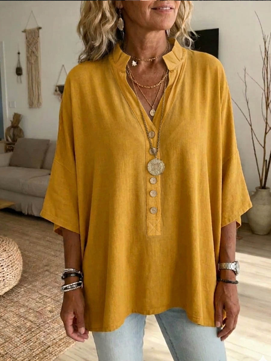 Women's Solid-color V-neck Short-sleeve Casual Loose Cotton-linen Top