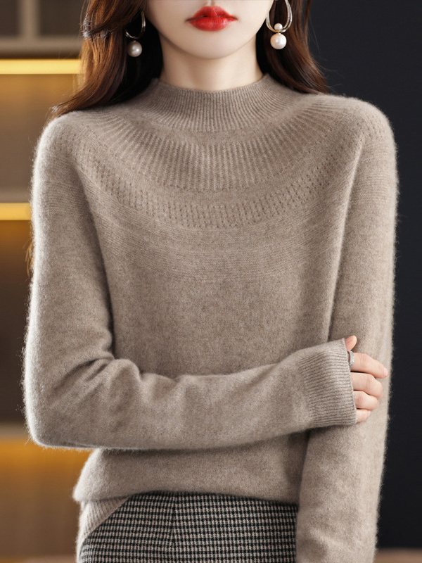 Office Raglan Sleeve Hollow Solid Color High-Neck Sweater Tops