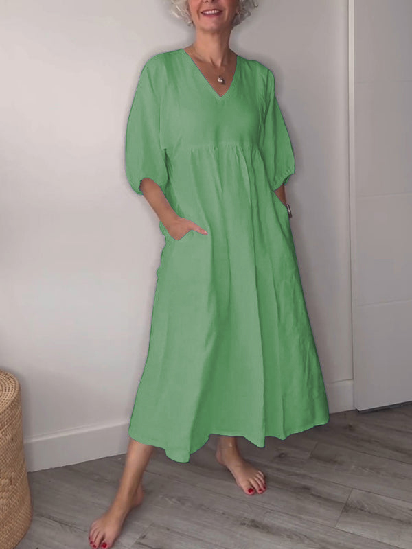 Hot Sale🔥 Women's Casual Fashion V-Neck Solid Color Mid-Length Sleeve Dress