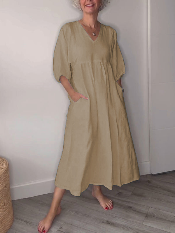 Hot Sale🔥 Women's Casual Fashion V-Neck Solid Color Mid-Length Sleeve Dress
