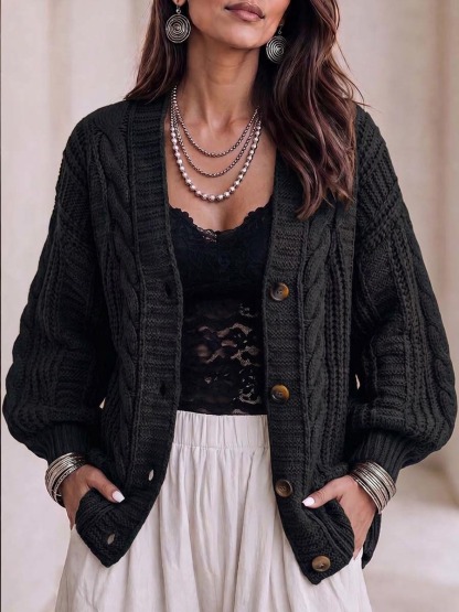 CLEARANCE SALE🔥 Women's Solid Color V-neck Long Sleeve Casual Loose Knit Cardigan