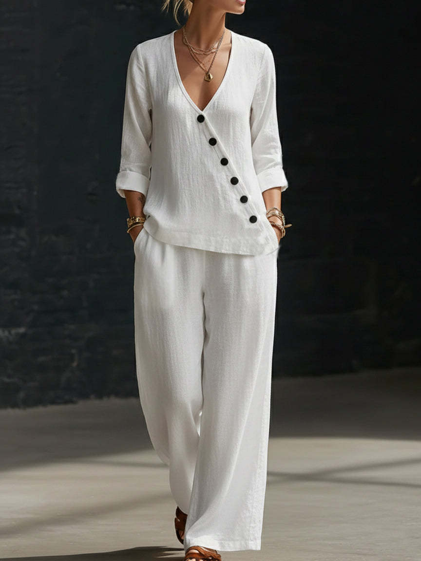 CLEARANCE SALE🔥 Minimalist V-neck Shirt And Wide-leg Pants Two-piece Set