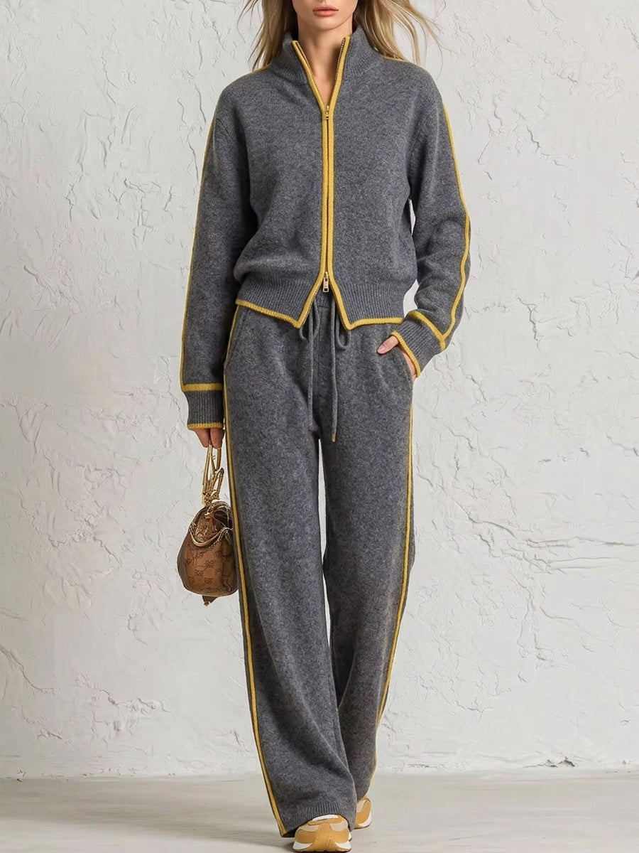 ⏰ LAST DAY SAVE 49%💥 Chic Color Block Trim Knit Loungewear Set