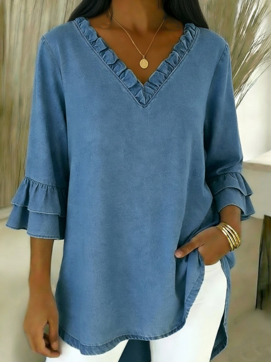 CLEARANCE SALE🔥 Cozy Ruffled V-neck Denim Cotton Top