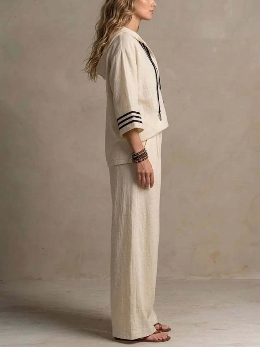 Women's Casual Relaxed Hoodie And Wide-leg Pants Cotton-linen Set