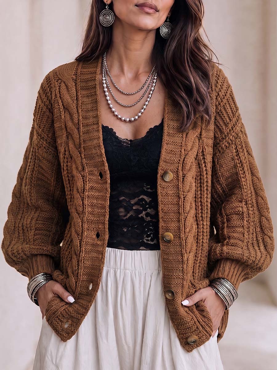 CLEARANCE SALE🔥 Women's Solid Color V-neck Long Sleeve Casual Loose Knit Cardigan
