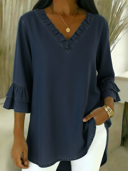 CLEARANCE SALE🔥 Cozy Ruffled V-neck Denim Cotton Top