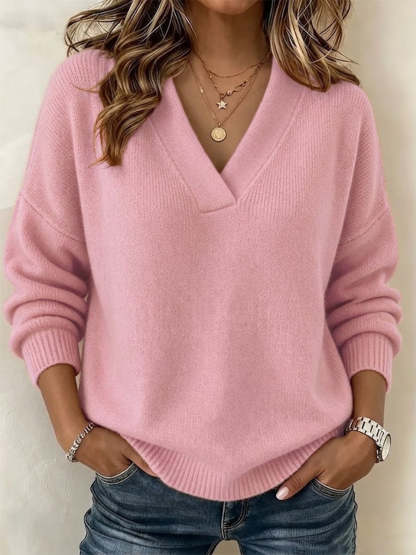 Solid Deep V Neck Drop Shoulder Loose Long Sleeve Knit Sweater