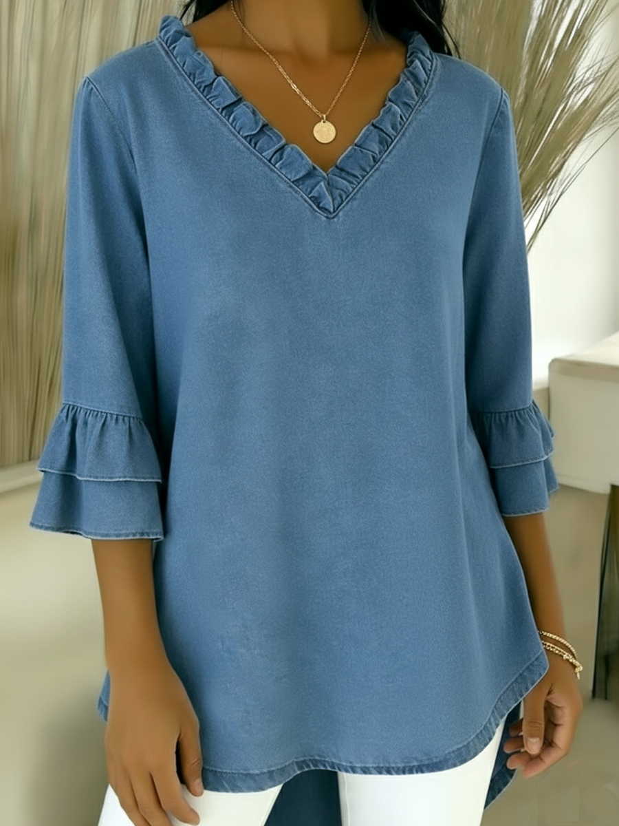 CLEARANCE SALE🔥 Cozy Ruffled V-neck Denim Cotton Top