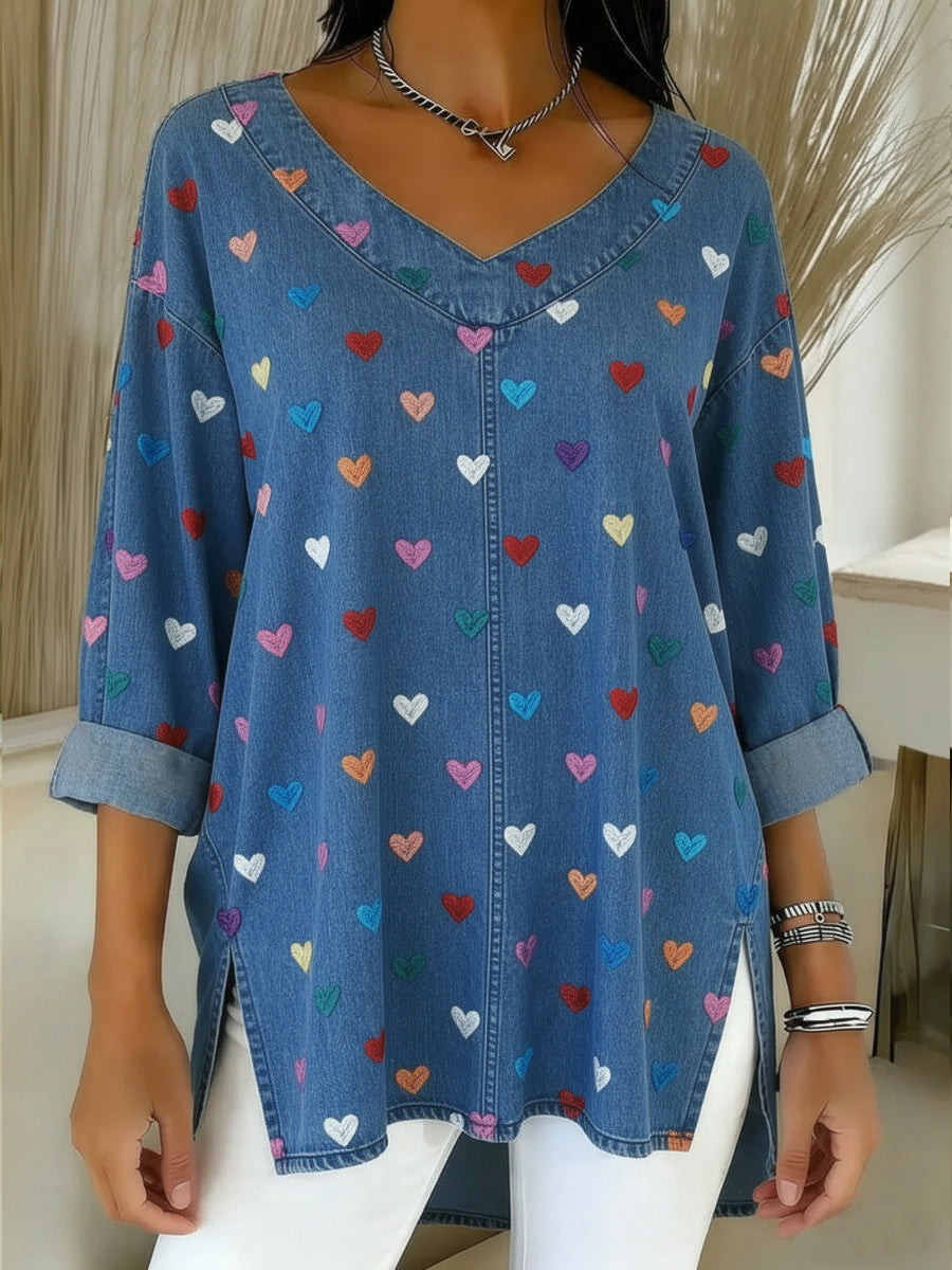 CLEARANCE SALE🔥 Women's Heart Casual Washed Denim Cotton Top