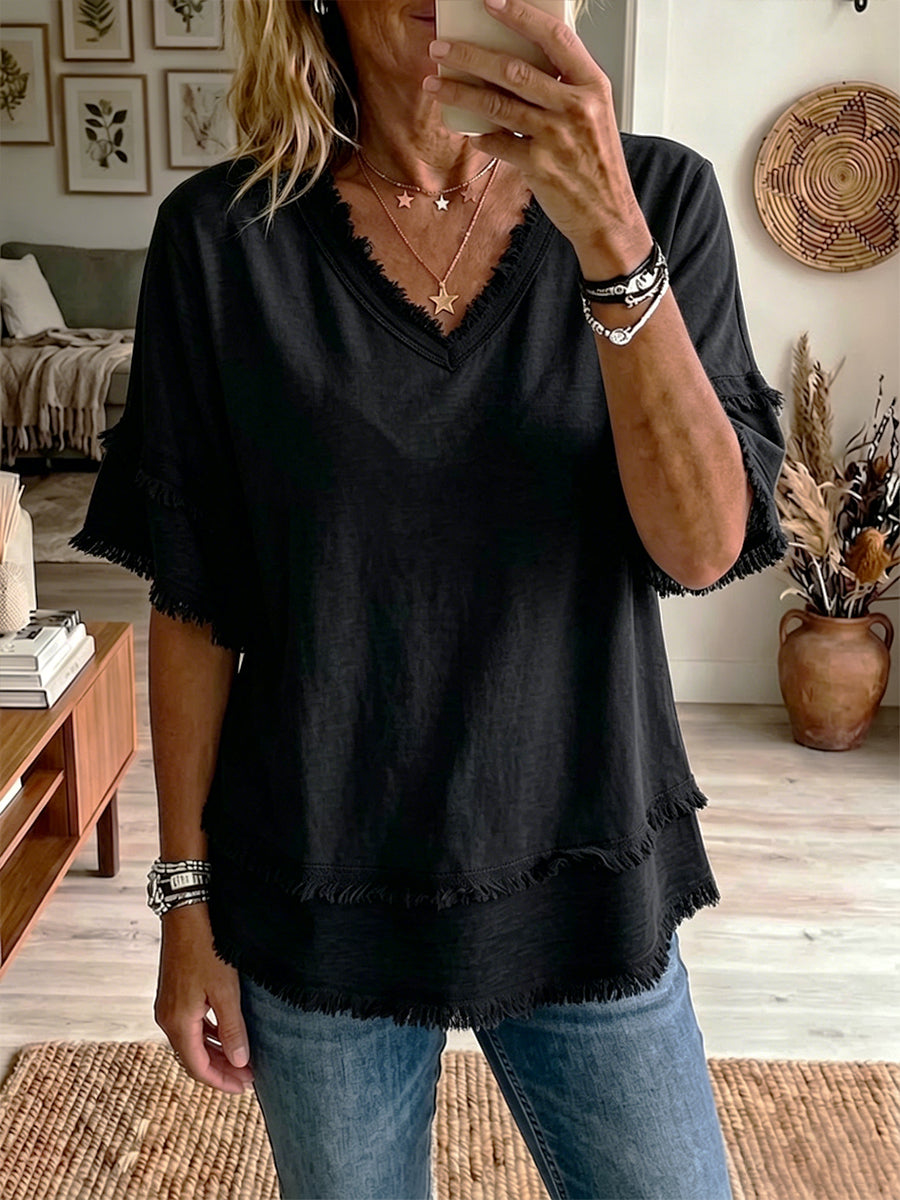 New Arrivals🔥 Casual Short-sleeve Raw-hem Linen-blend Top